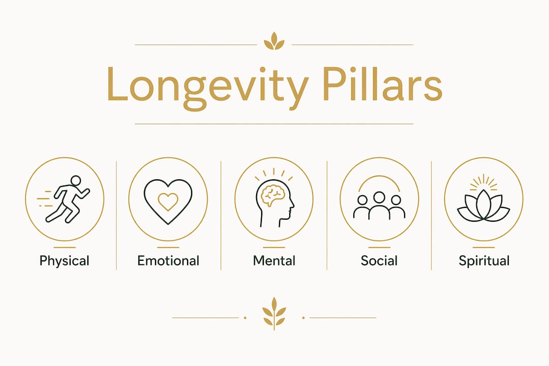 Infographic showing the five longevity pillars hierarchy