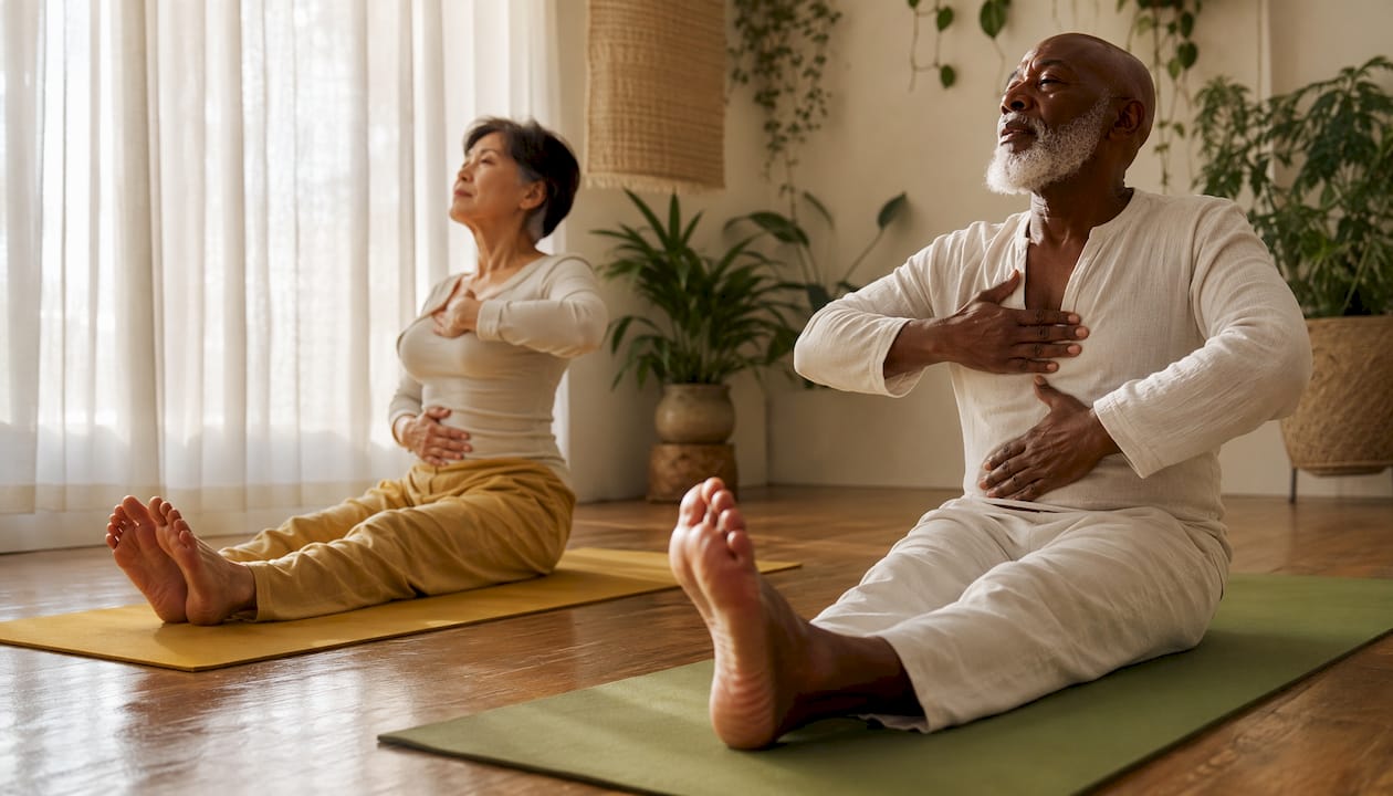 Group practicing breathing and stretching in yoga studio