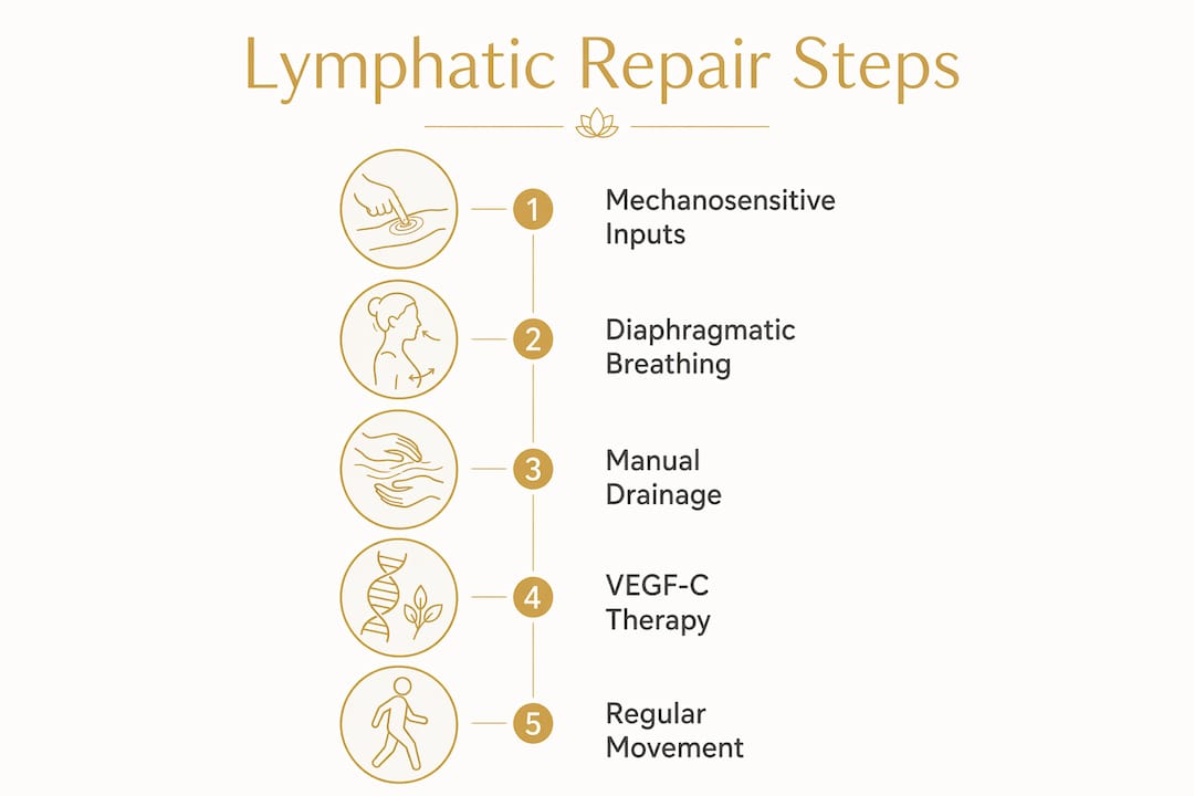 Infographic illustrating steps to repair lymphatic system aging