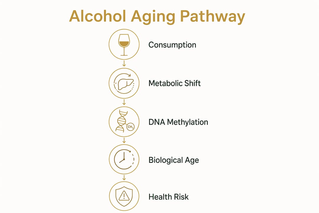 Infographic illustrating steps of alcohol impact on biological aging