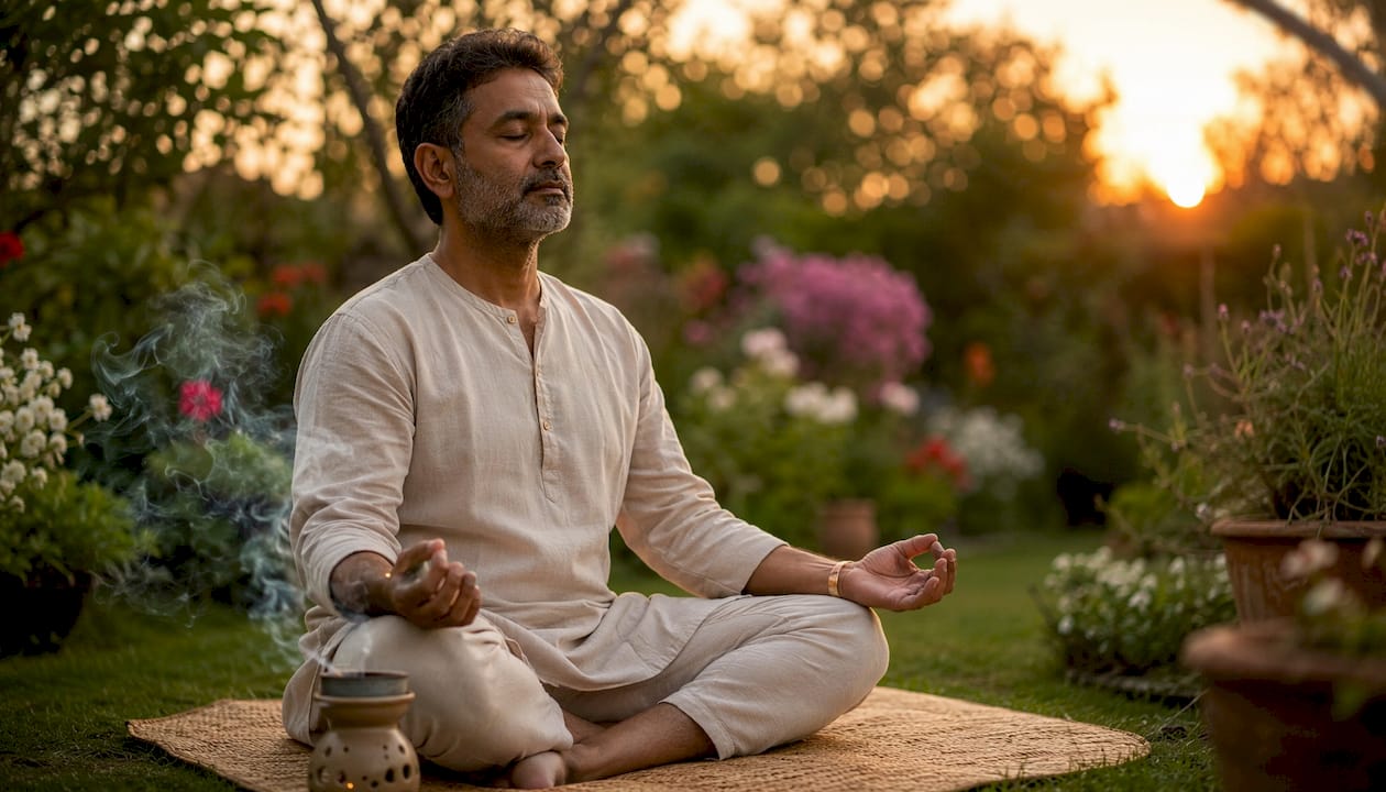 Man meditating at home yoga space