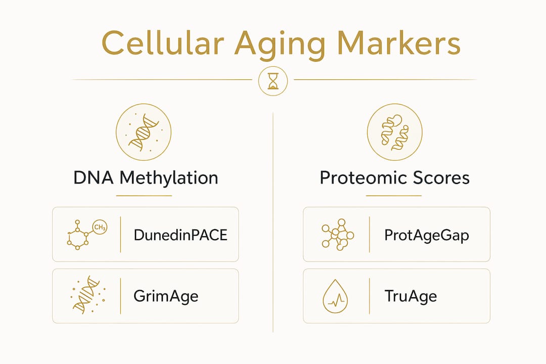 Infographic comparing cellular aging biomarkers
