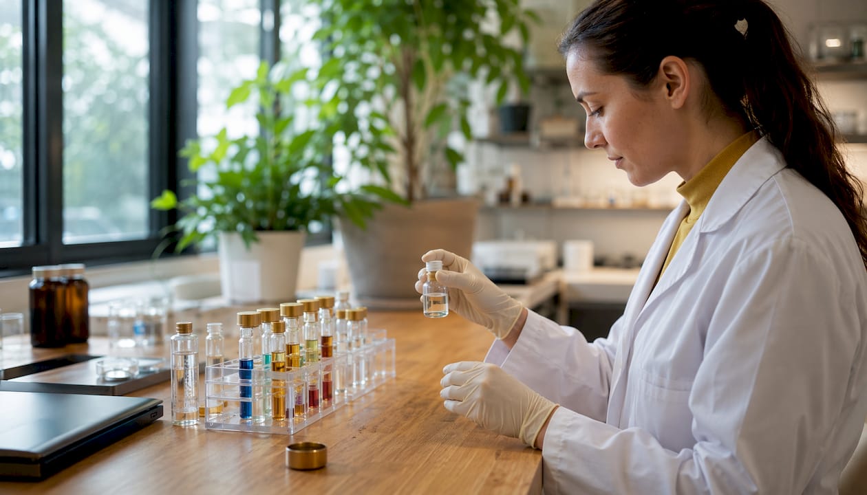 Gloved hands preparing antioxidant vitamin samples