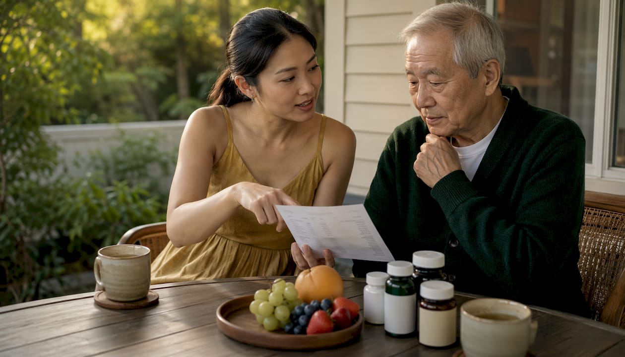 Elderly man discussing vitamin deficiency risk with daughter