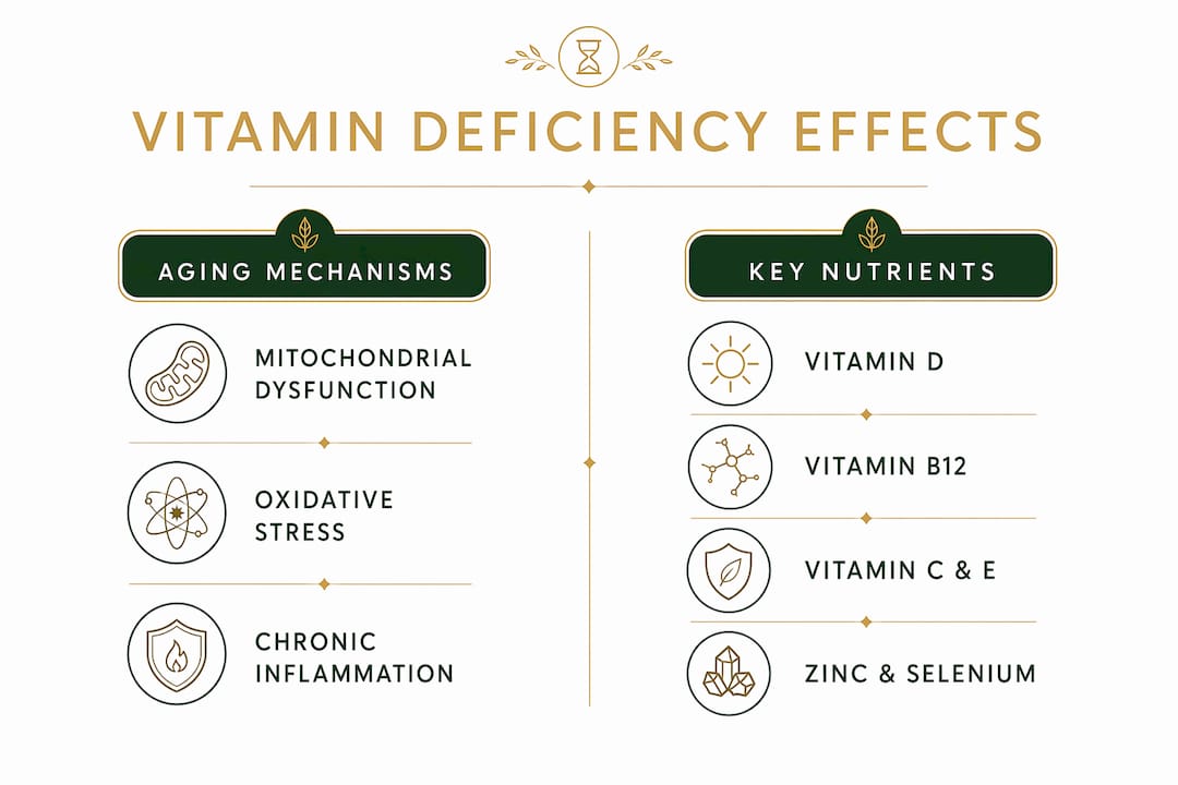 Infographic comparing aging mechanisms and key vitamins