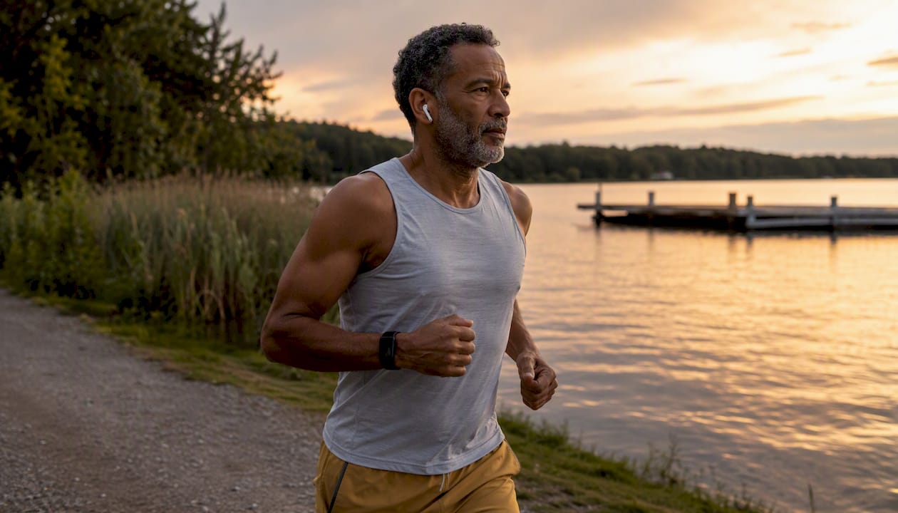 Man jogging on tree-lined trail
