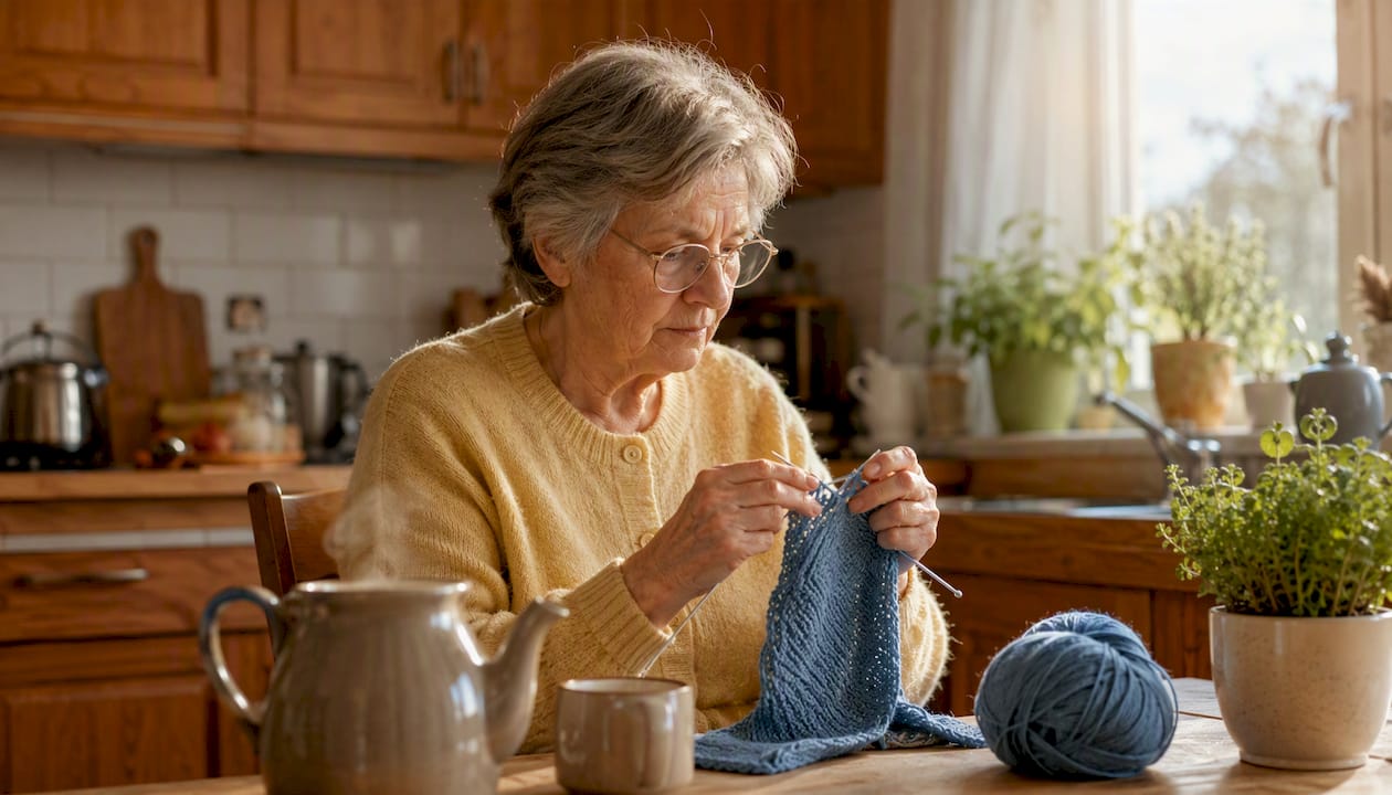 Elderly woman knitting and thinking by window