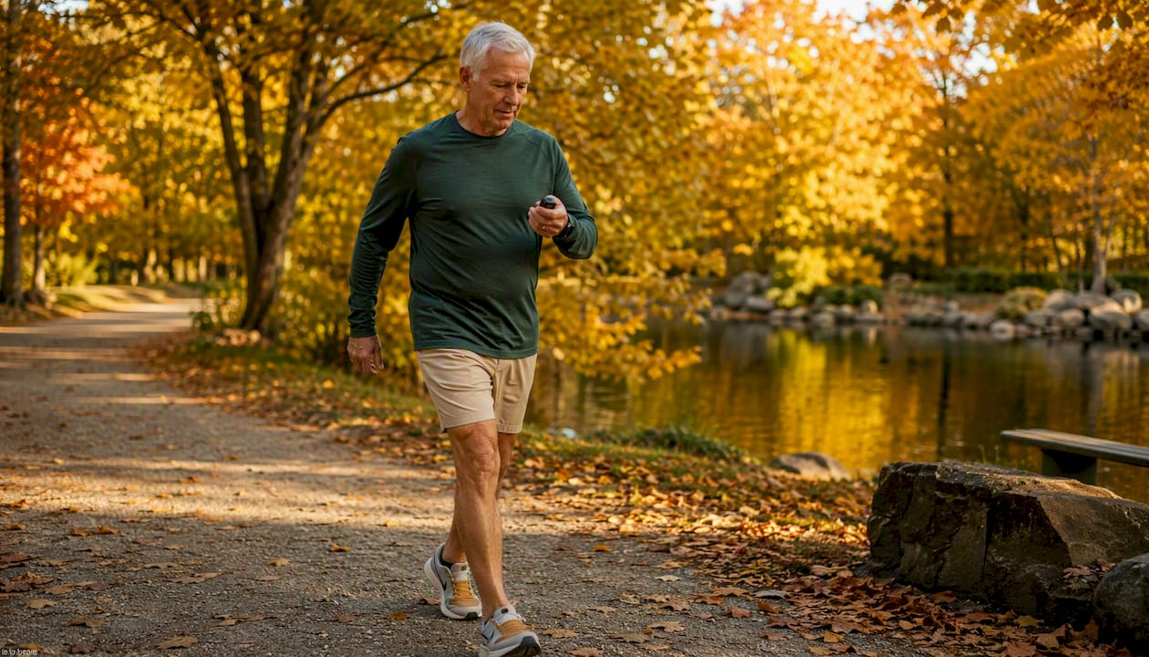 Older man jogging in autumn park