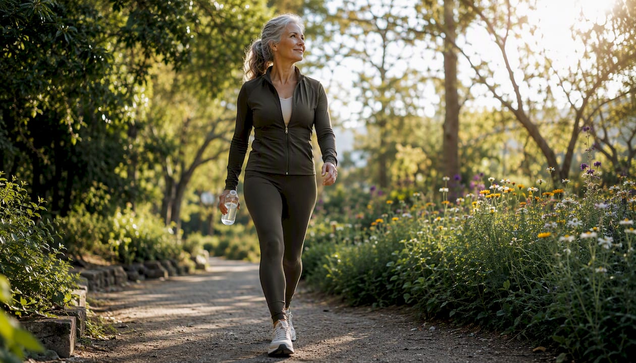 Mature adult walking in forest for vitality
