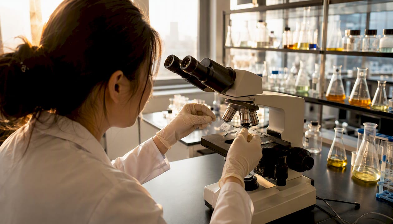 Scientist preparing cell sample under microscope
