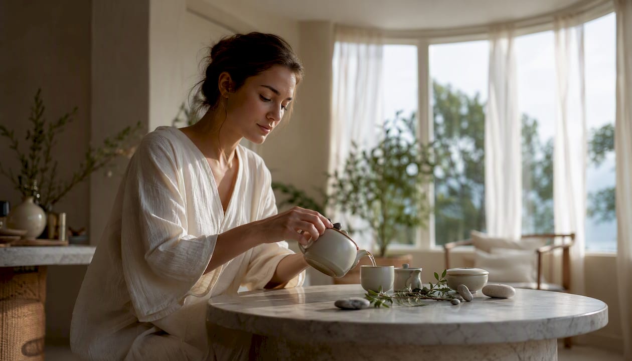 Pouring herbal tea in wellness space