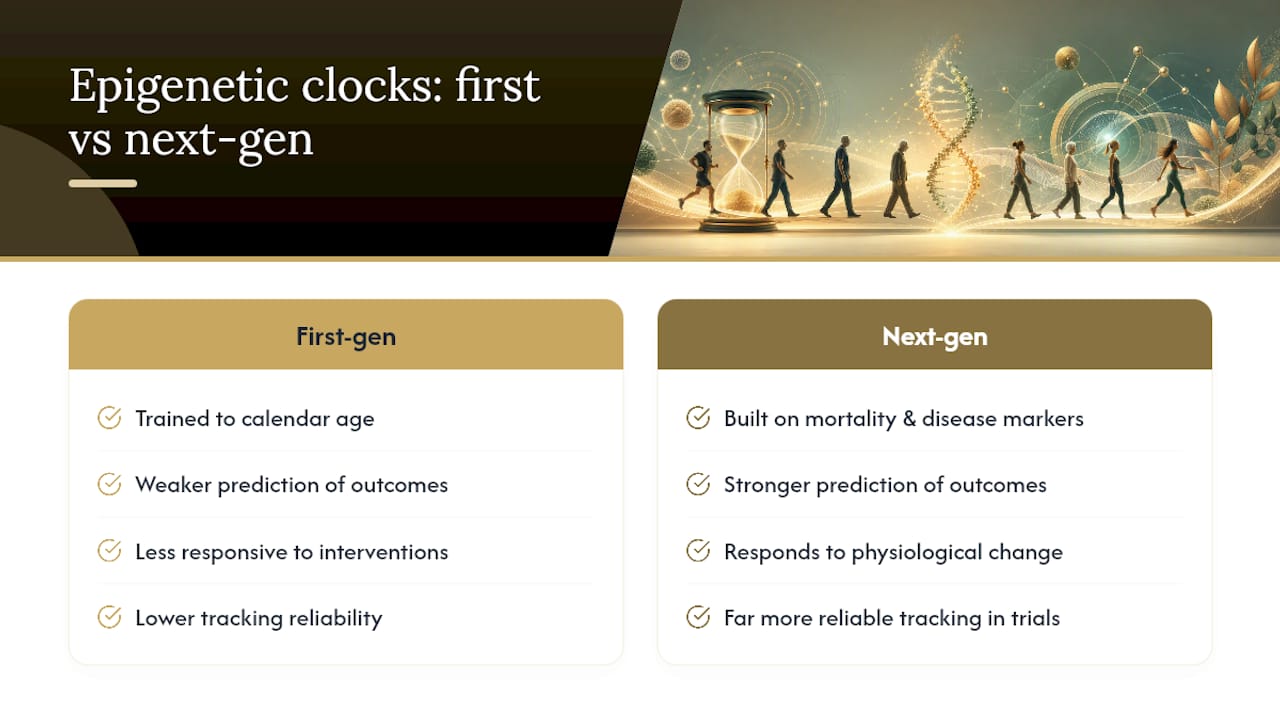 Comparison of epigenetic clock reliability and outcomes