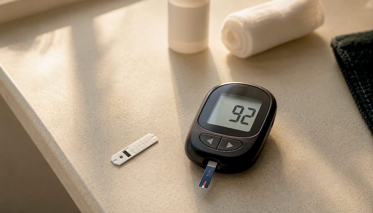 Blood glucose meter and testing strip on lab bench