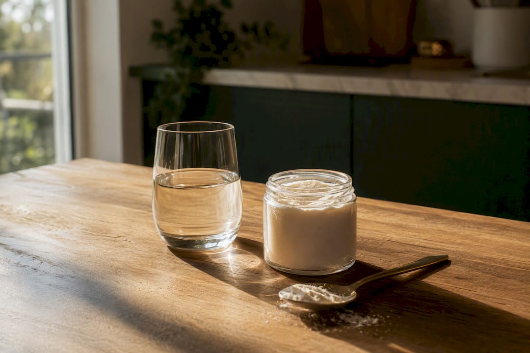 Glass of water and collagen supplement powder