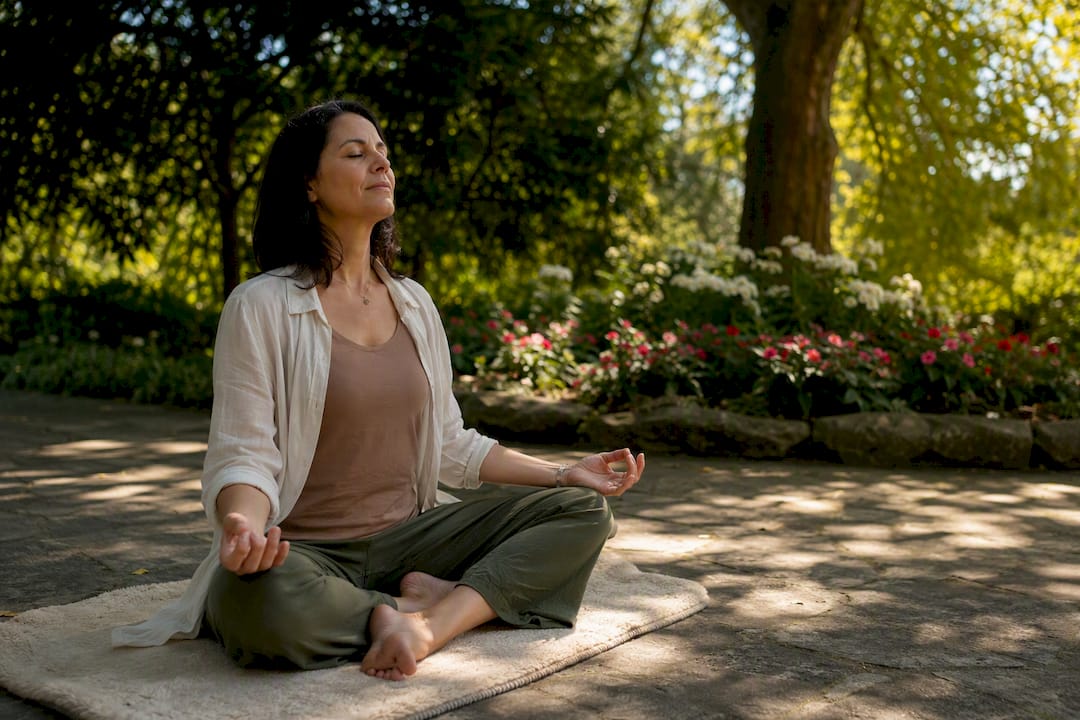 Woman meditating with mindful breathing outside