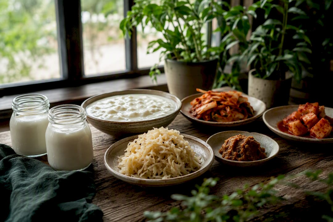 Assortment of fermented foods on ceramic plates