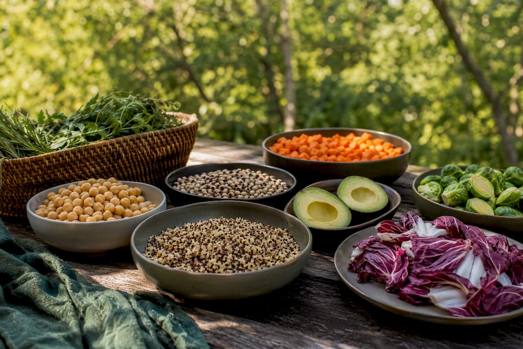 Bowls of diverse fiber-rich foods on wooden table