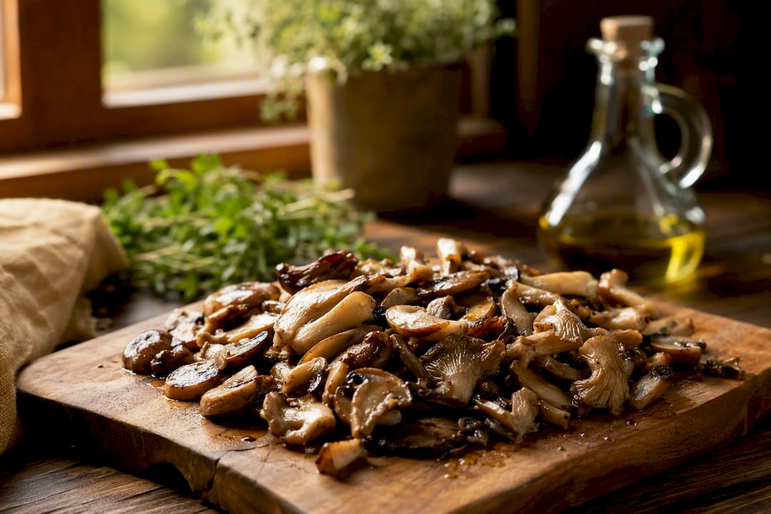 Cooked edible mushrooms on plate