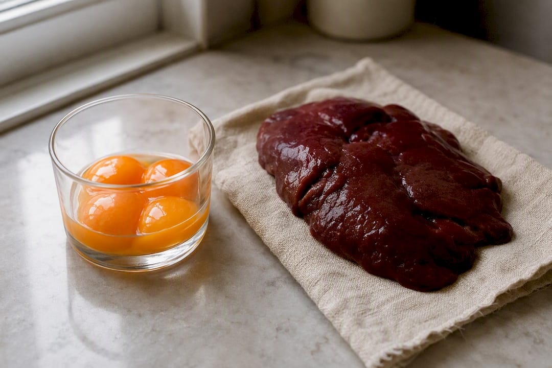 Raw egg yolks and beef liver close-up