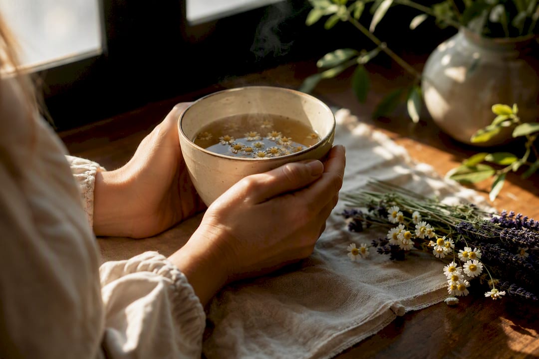 Hands pouring herbal tea for stress relief ritual