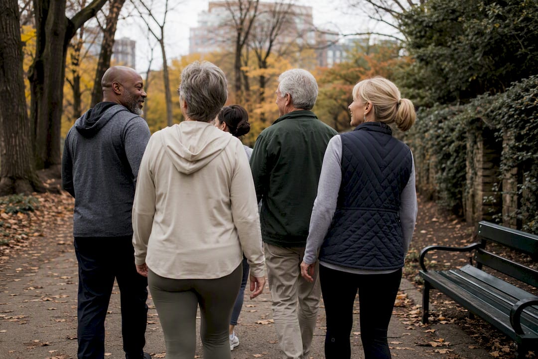 Adults walking together through a leafy park
