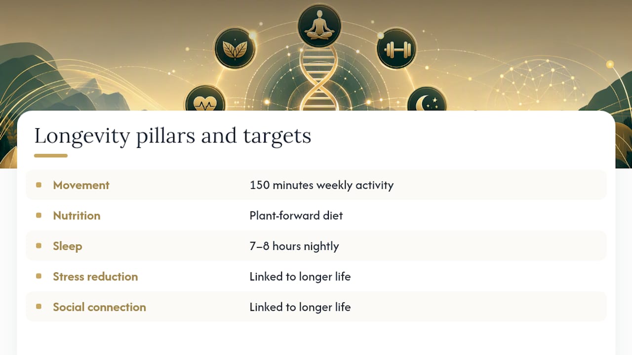Five longevity pillars and measurable health targets