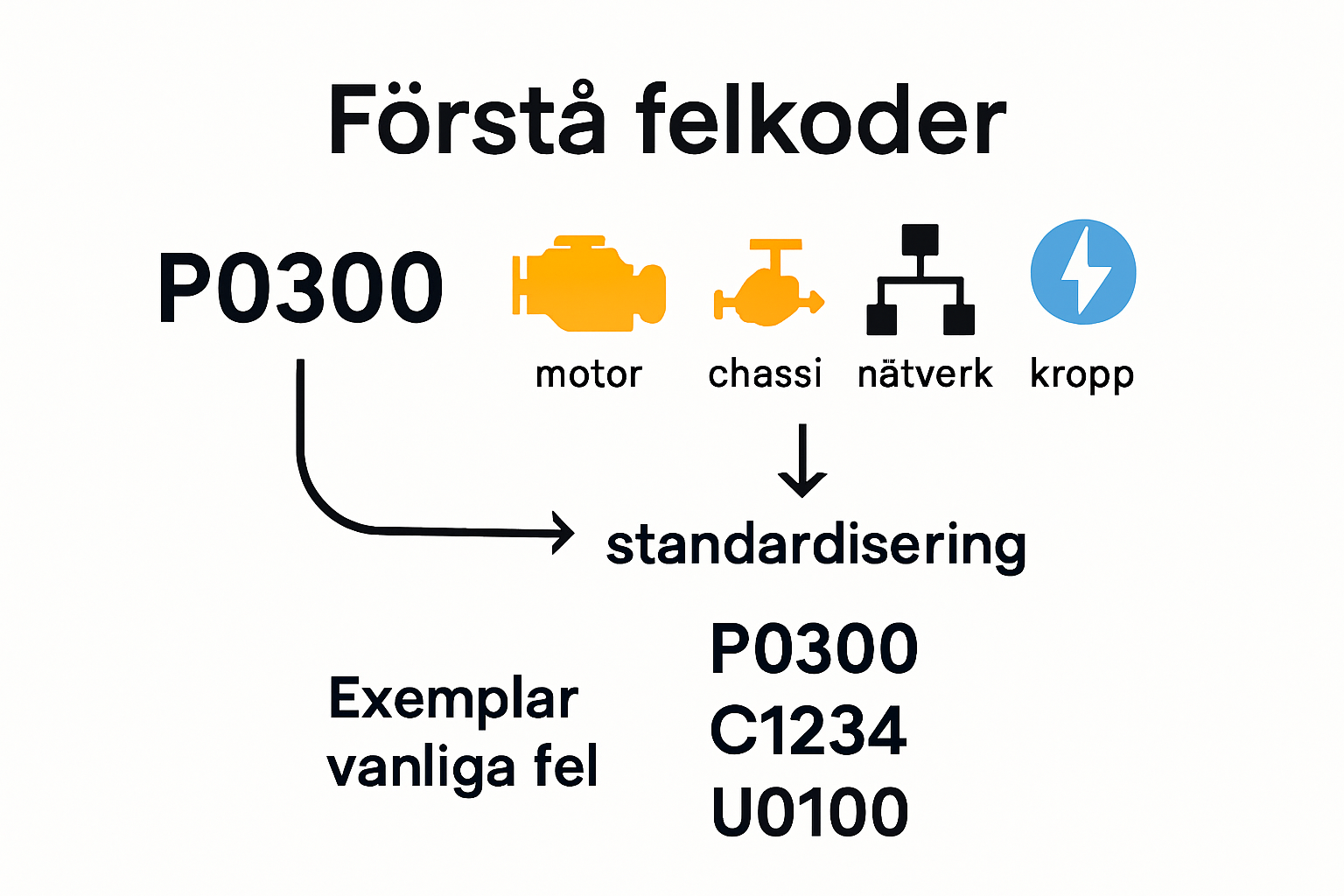 Tydlig visuell guide till bilens felkodssystem och struktur