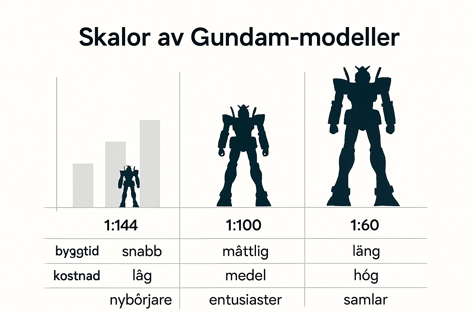 Jämförande grafik om Gundam modellskalor, storlekar och komplexitet