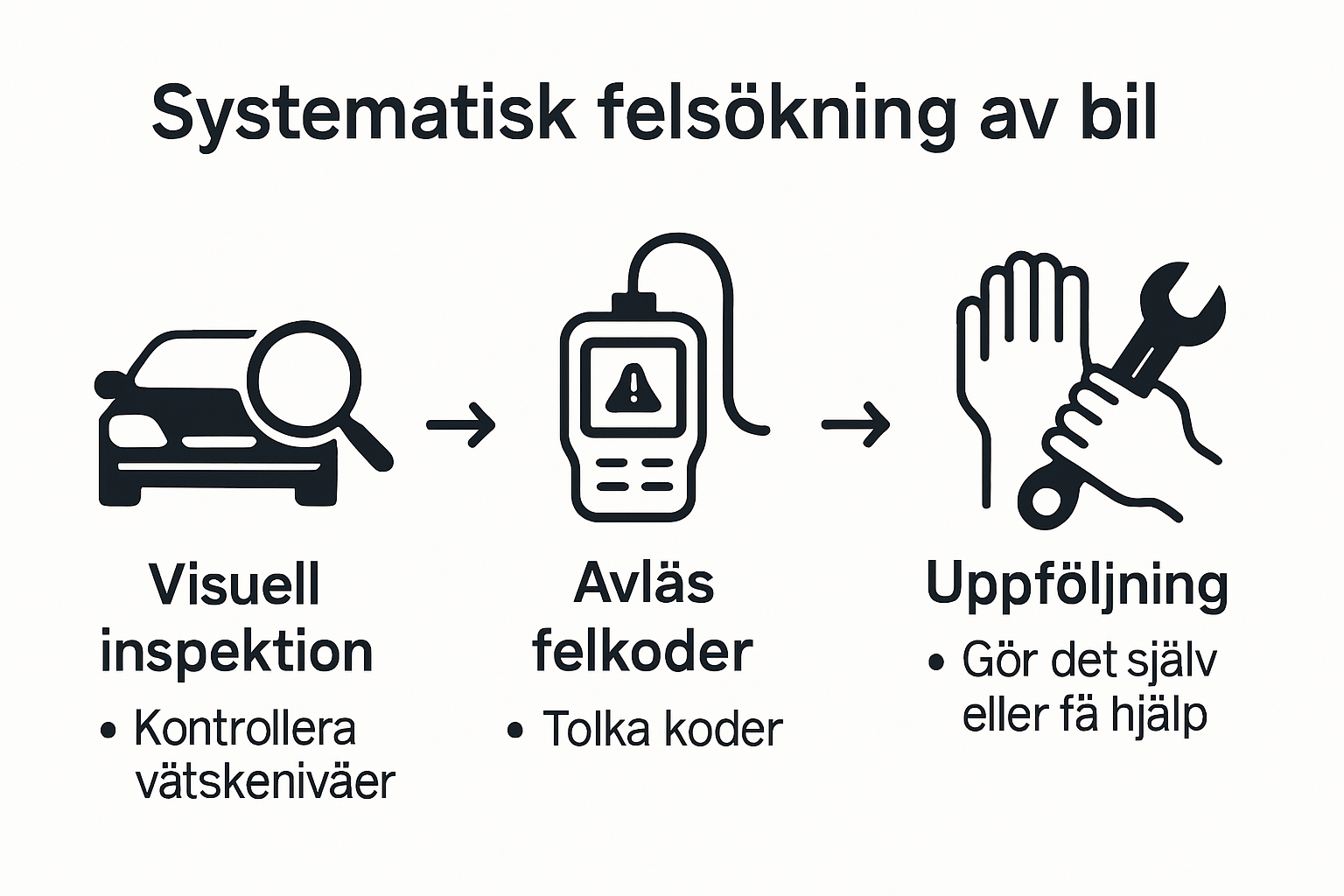 Infographic showing bilfelsökning steps flowchart