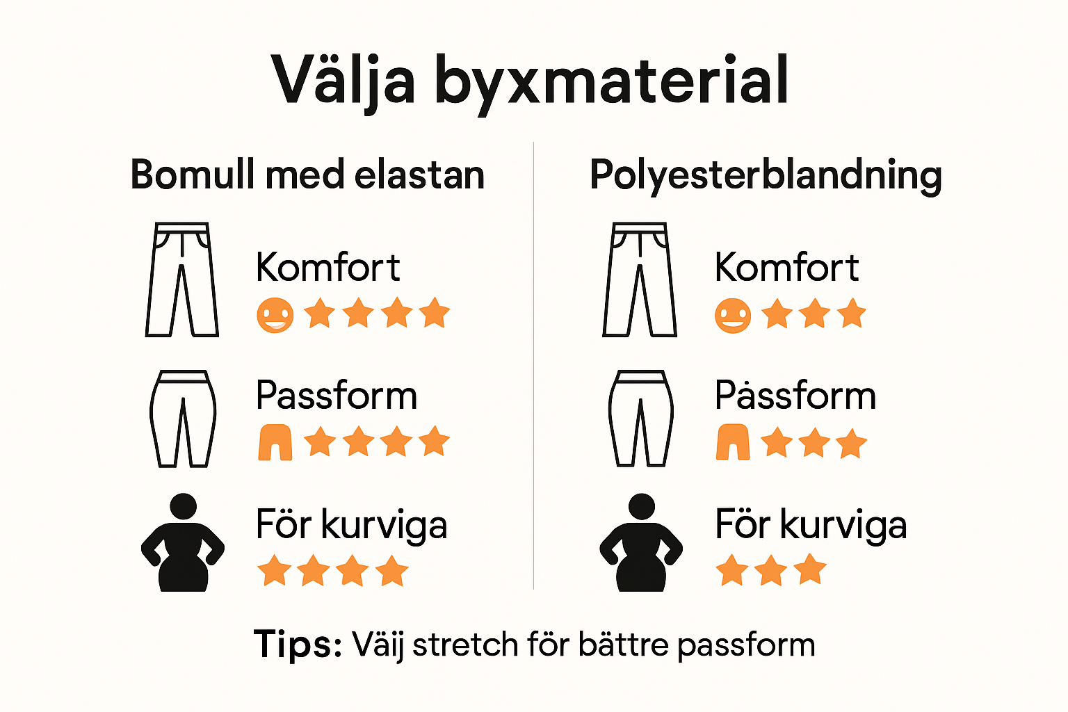Jämförelse av materialval för byxor för kurviga kvinnor
