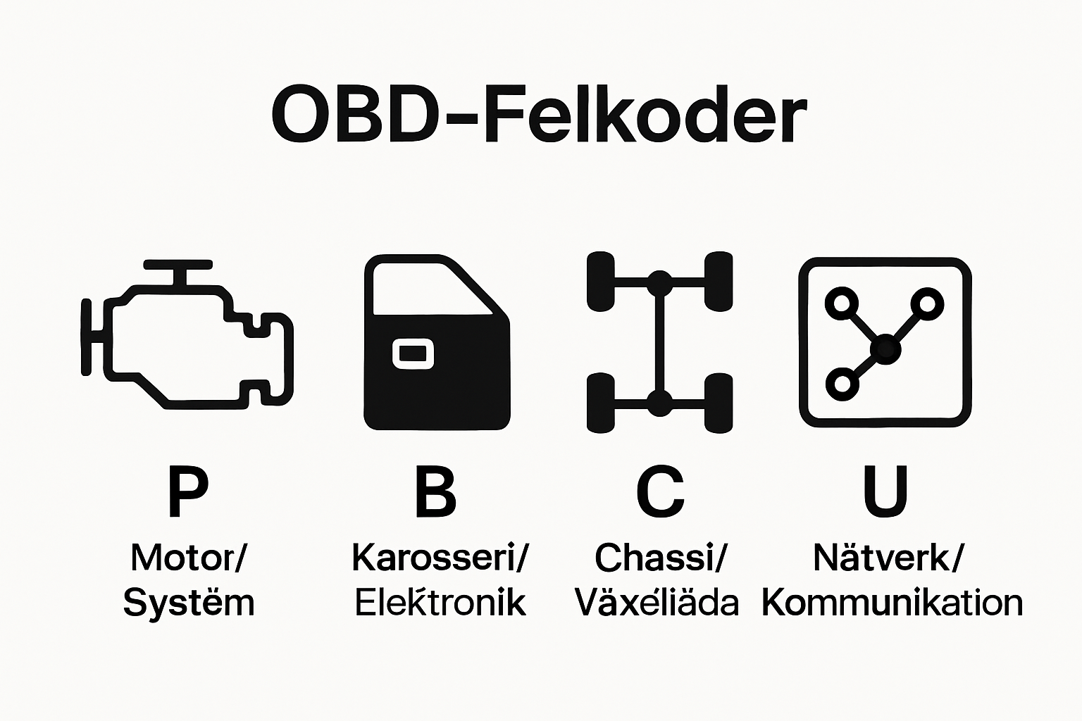 Infographic showing four main car fault code categories: P, B, C, U