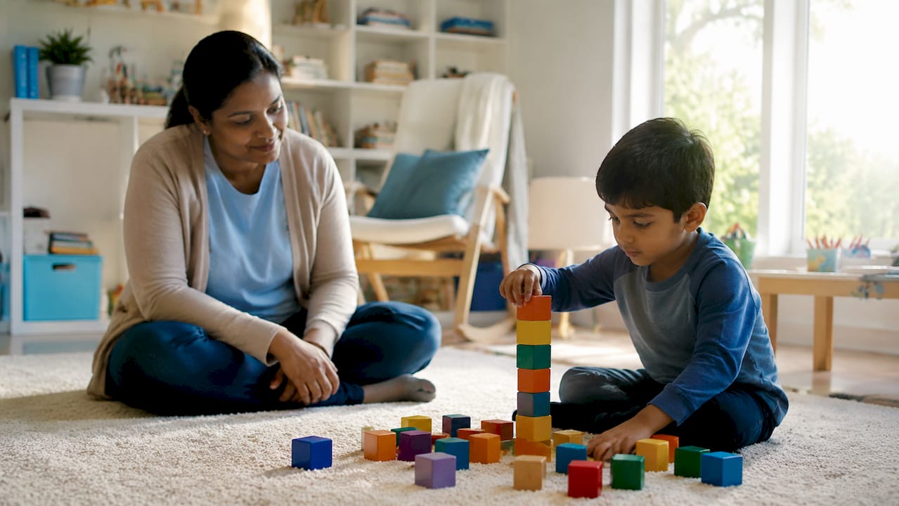 Father observing child playing with blocks