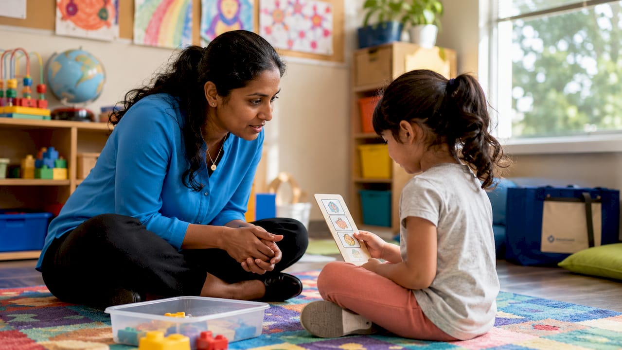 Teacher supporting a student with visual schedule in classroom