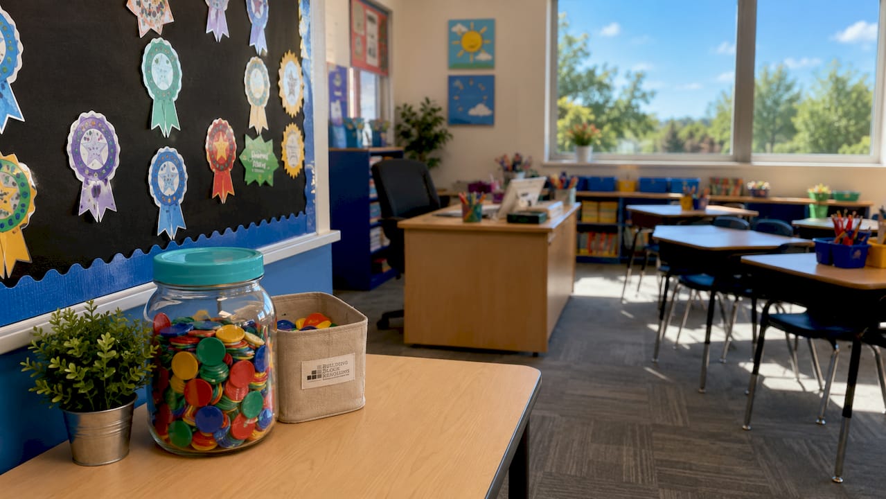 Classroom token jar and stickers close-up