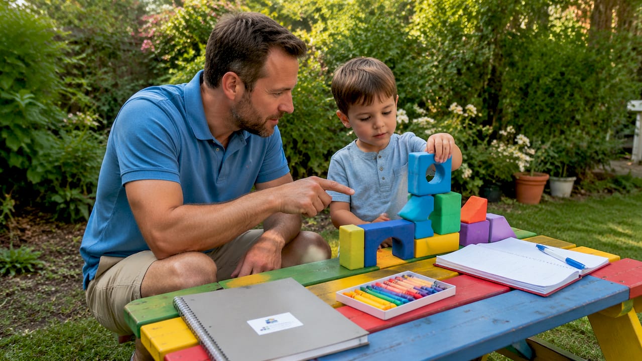 Father observing child behavior in playroom