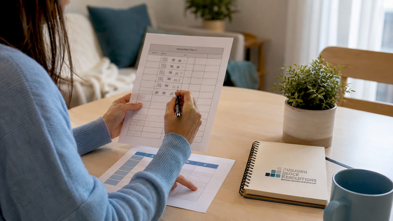 Hands marking ABA data tally sheet on desk