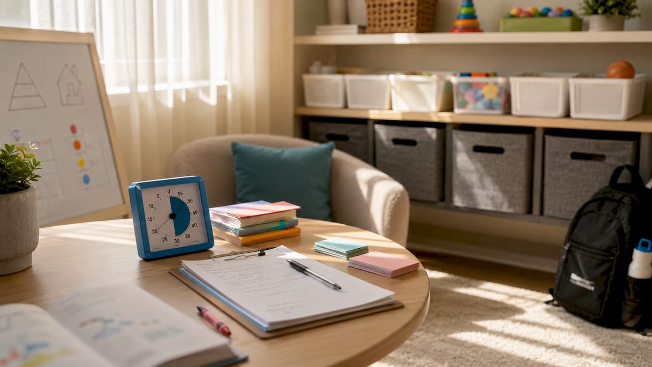 Organized home therapy setup with notes and tools