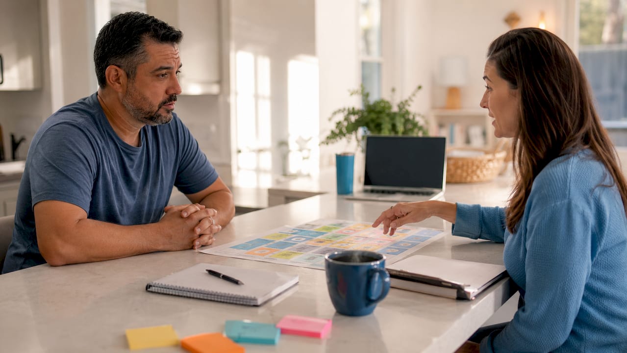 Father and behavior analyst discussing therapy charts in living room