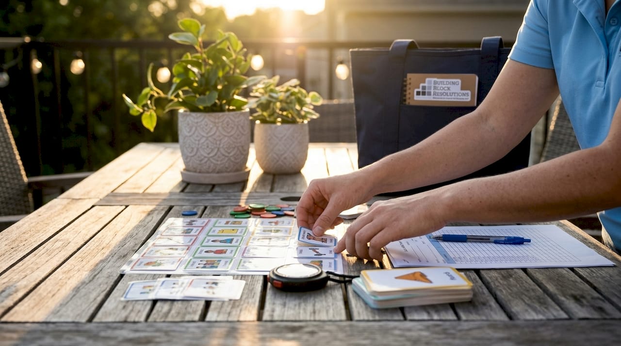 Therapist preparing ABA therapy tools and data