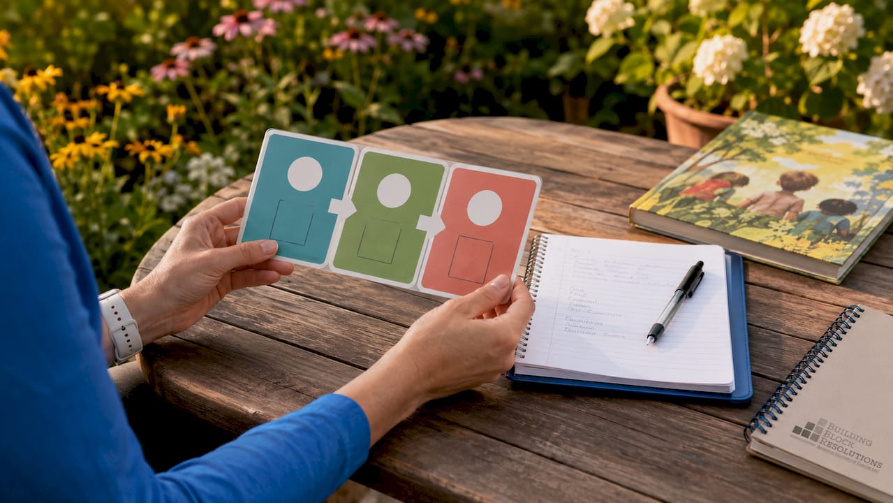 Hands holding ABC model educational cards on table