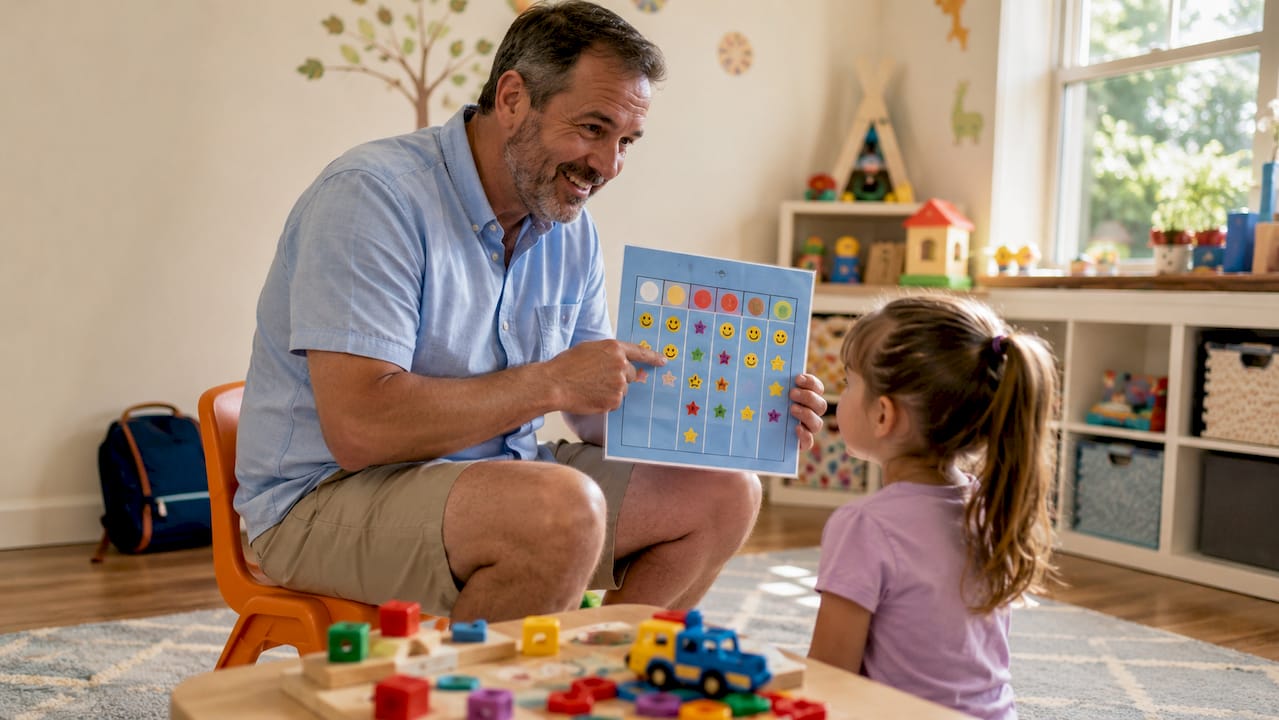 Therapist using sticker chart with child