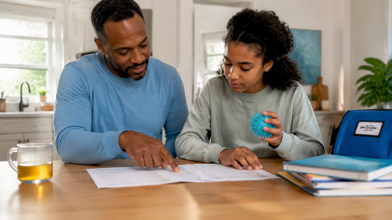 Father discussing customized therapy with daughter