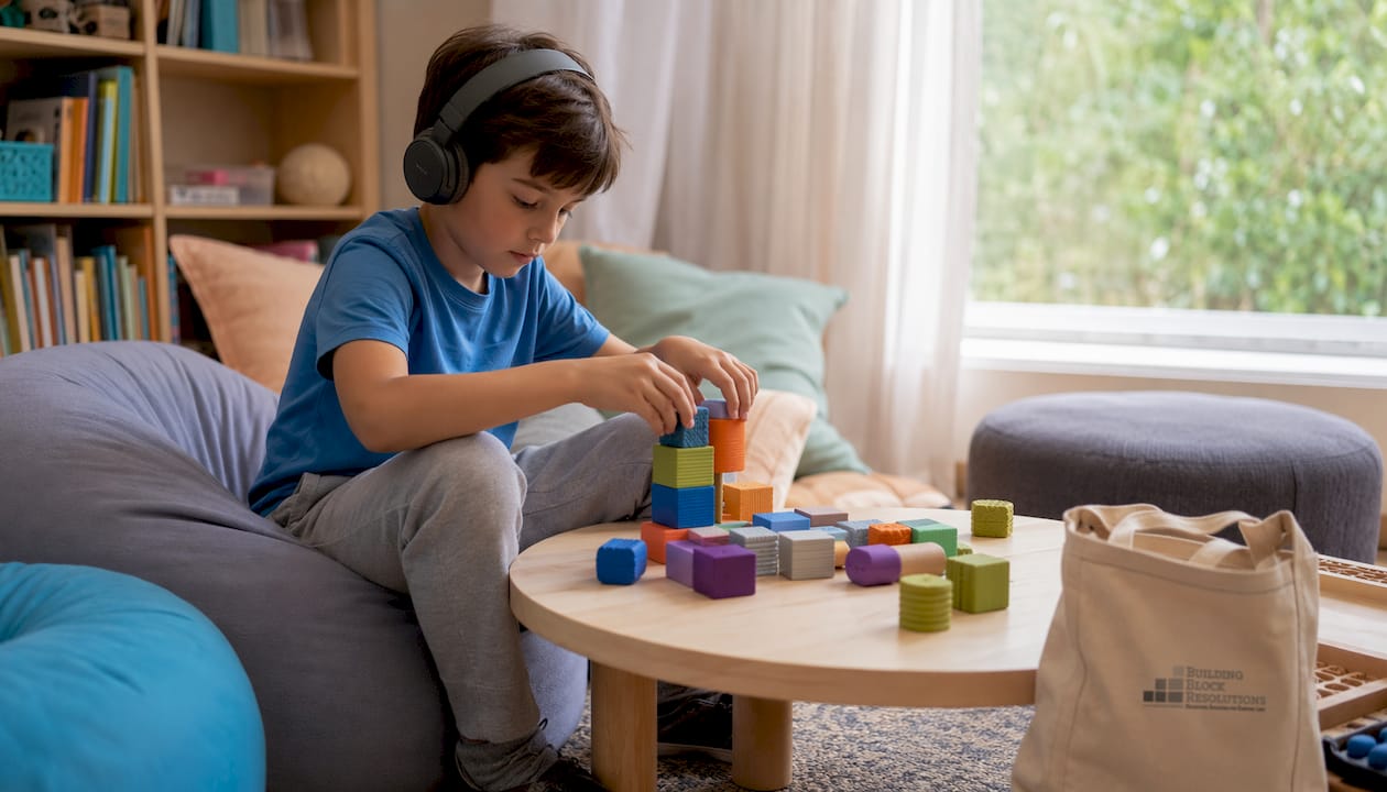 Sensory-friendly classroom corner with student wearing headphones