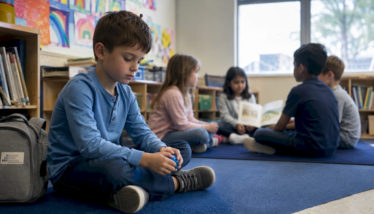 Autistic boy sitting alone in classroom corner