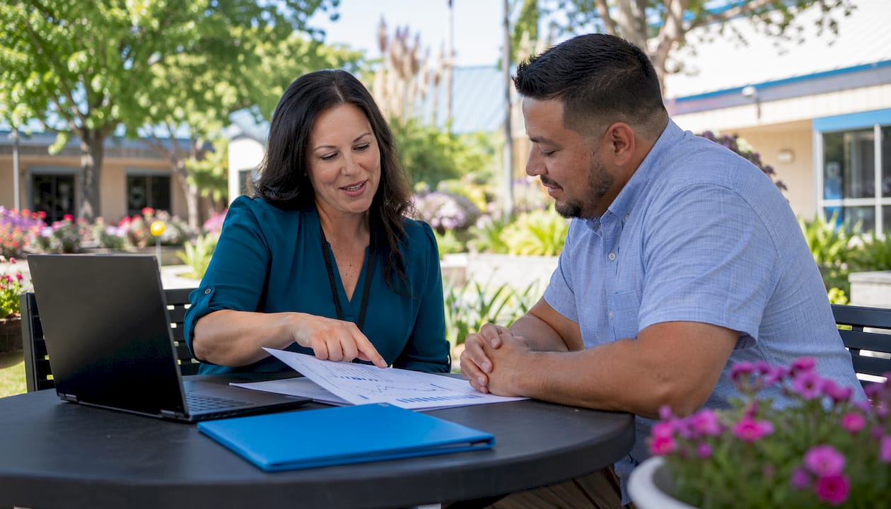 Teacher and father reviewing social skills data