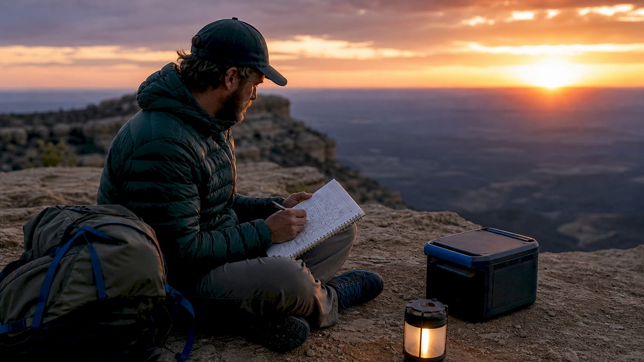Hands calculating camping power needs on notebook