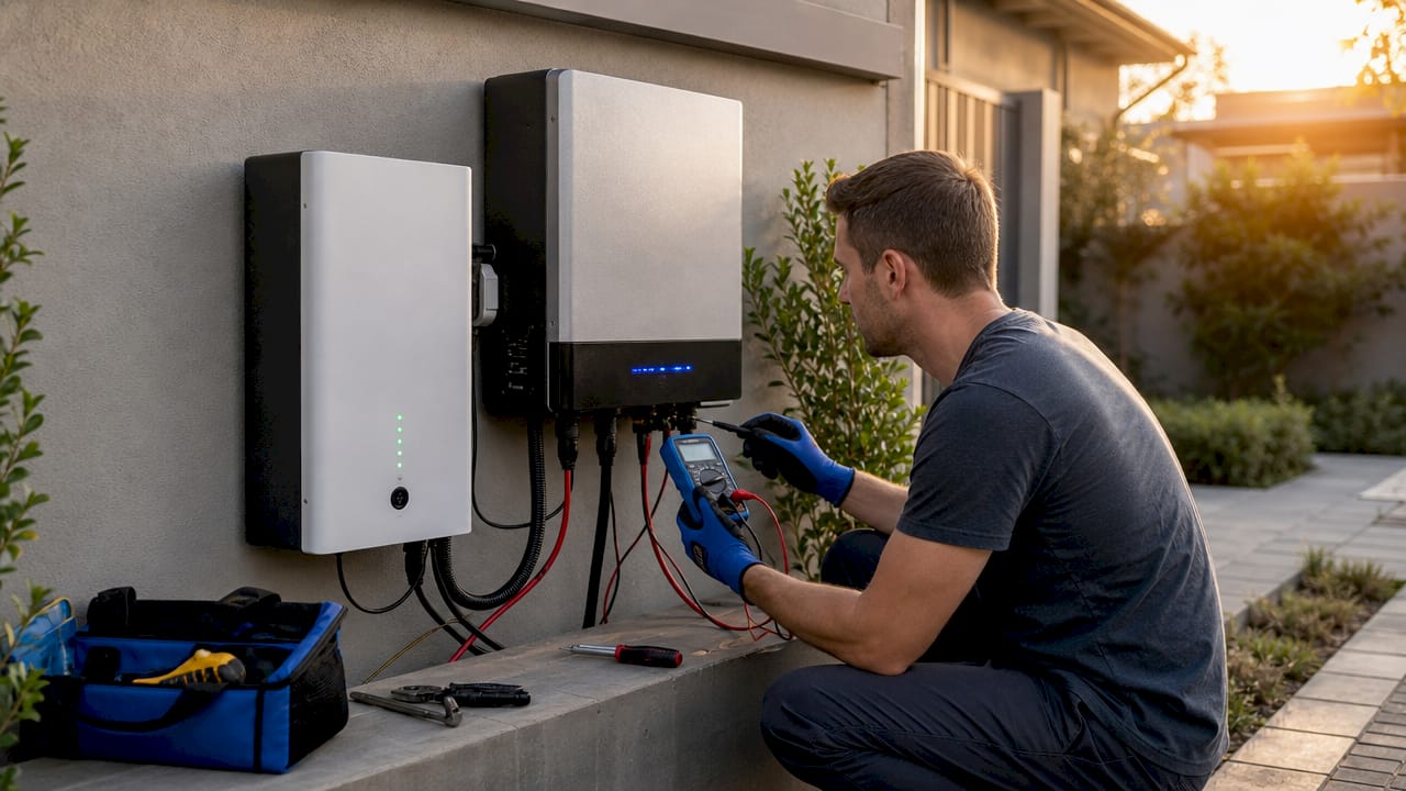 Close-up of solar generator battery and inverter setup