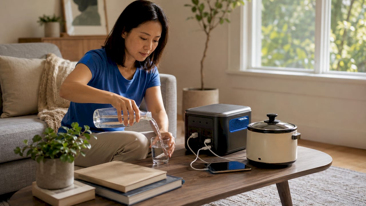 Woman using power station for kitchen appliances