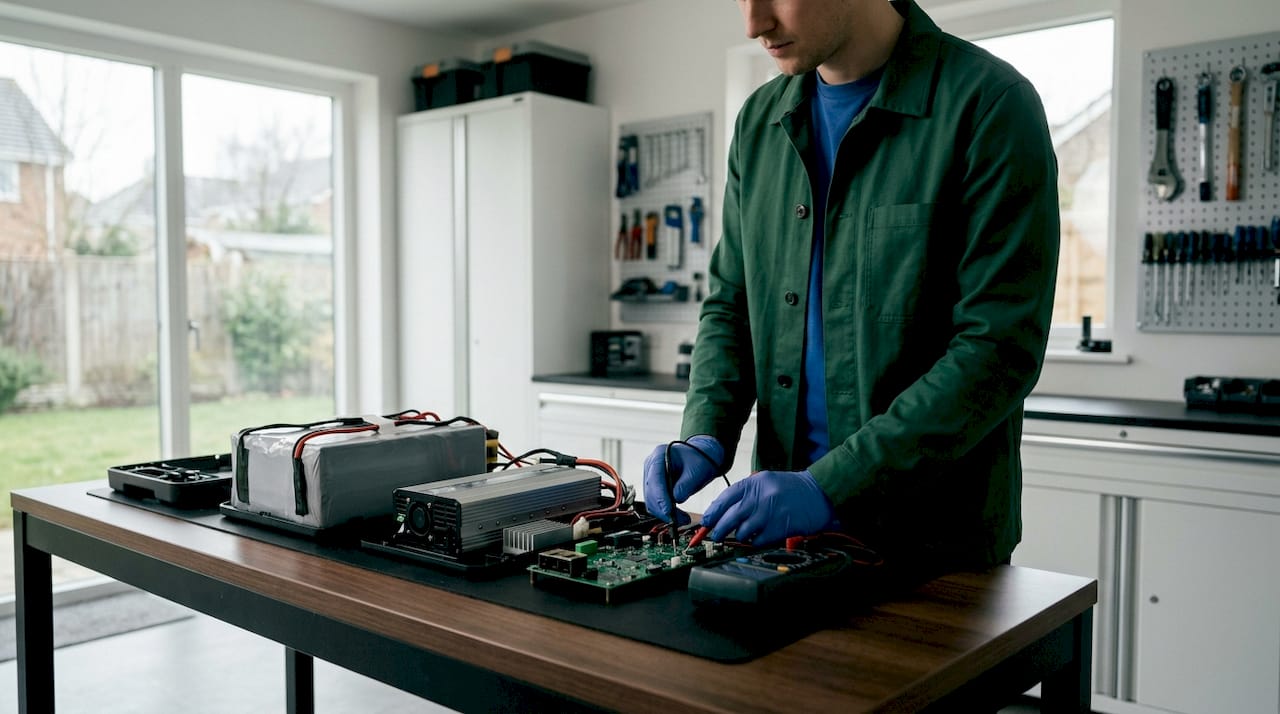 Disassembled portable power station components on workbench