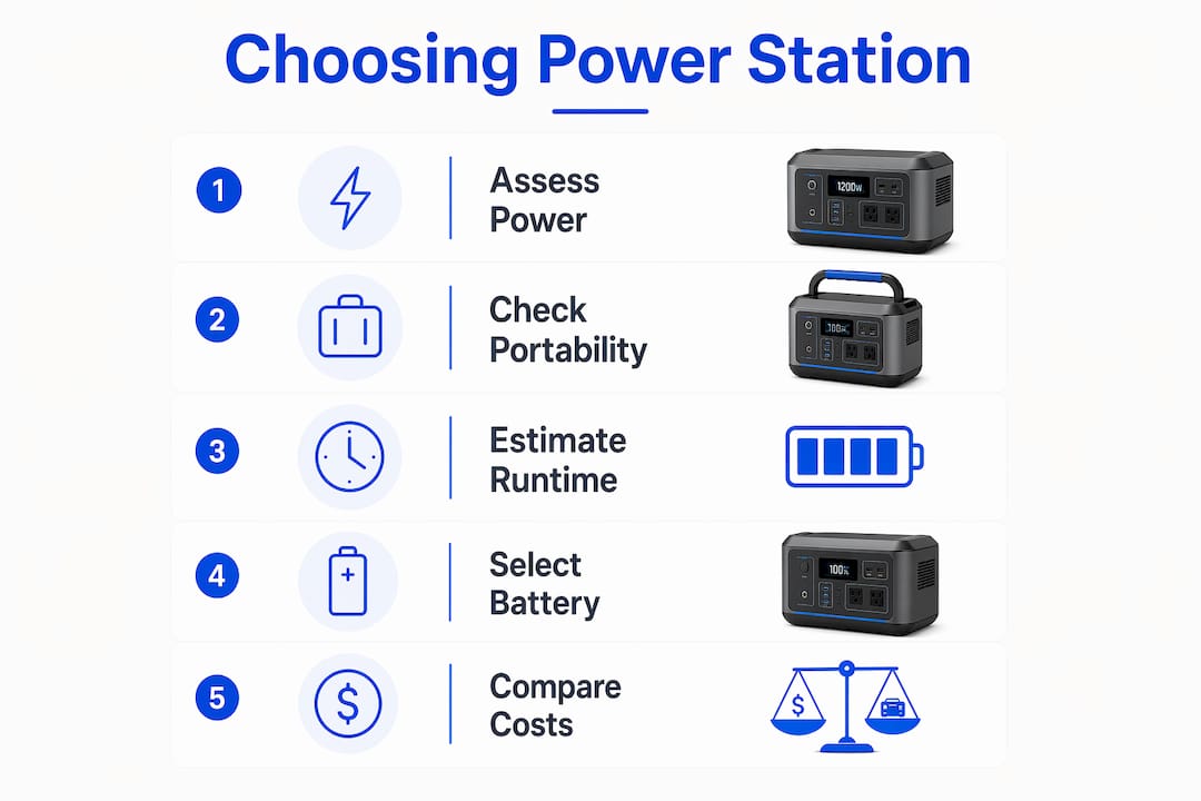 Infographic illustrating steps to choose portable power station